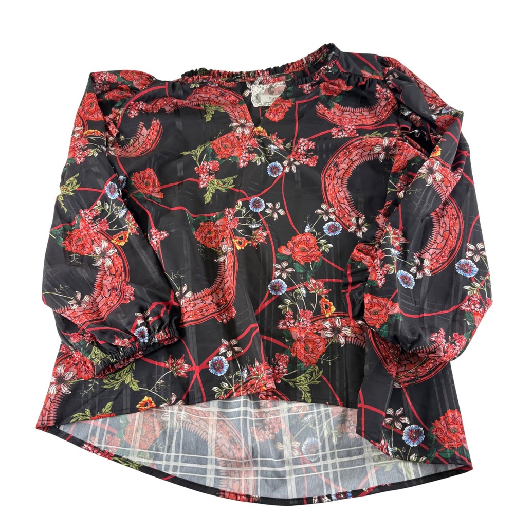 Cupio Womens Large Black Red Floral Dragon Print Ruffle Neck Puff Sleeve‎ Blouse